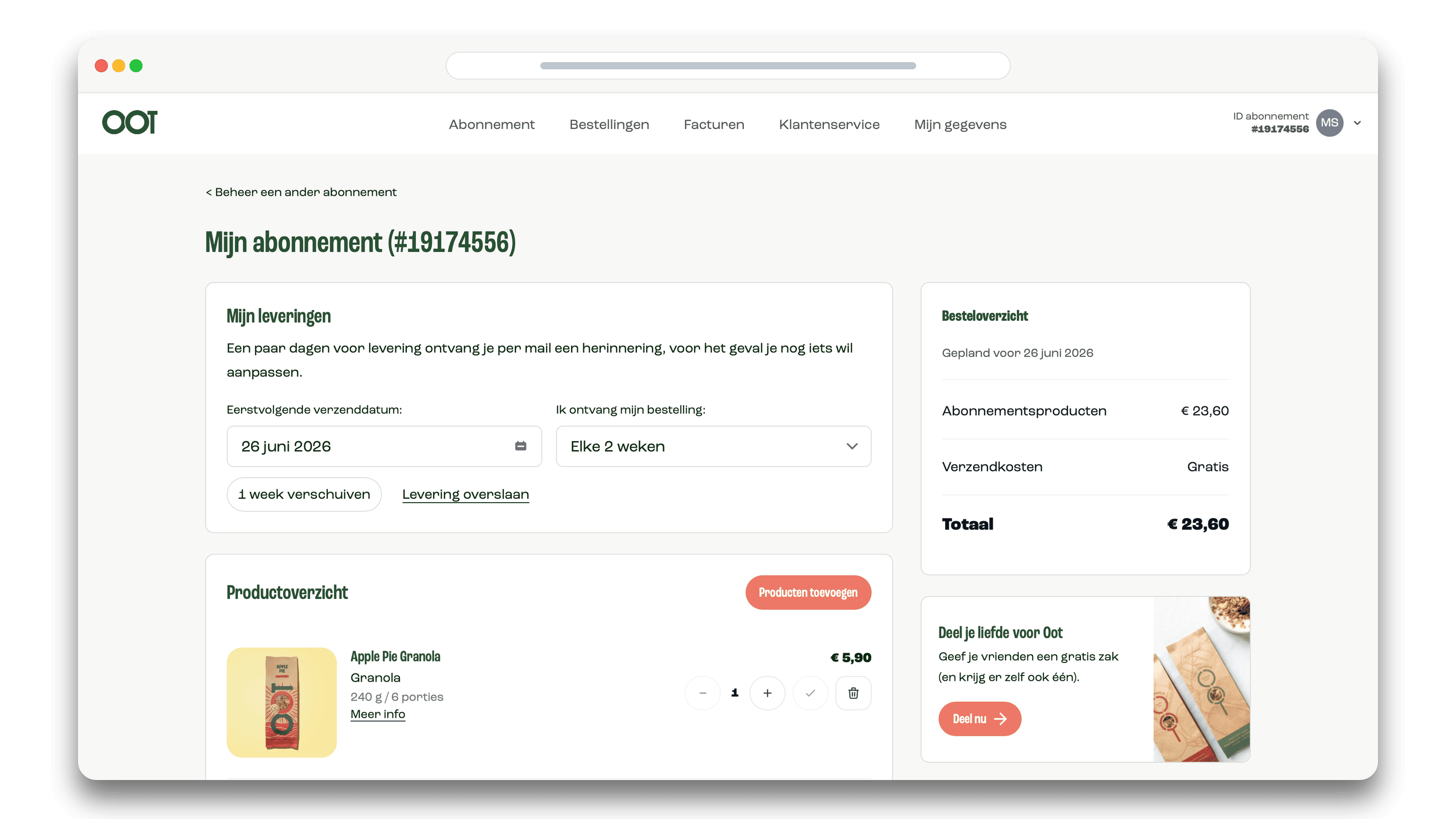 Oot Customer Portal subscription dashboard